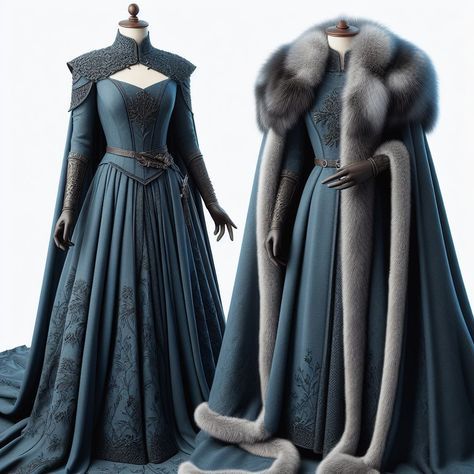 Winter Medieval Dress, House Stark Fashion, Velaryon Outfits, House Arryn Dress, House Of The Dragon Outfit Ideas, Winter Fantasy Dress, Fantasy Winter Outfits, Winterfell Fashion, Winterfell Dress