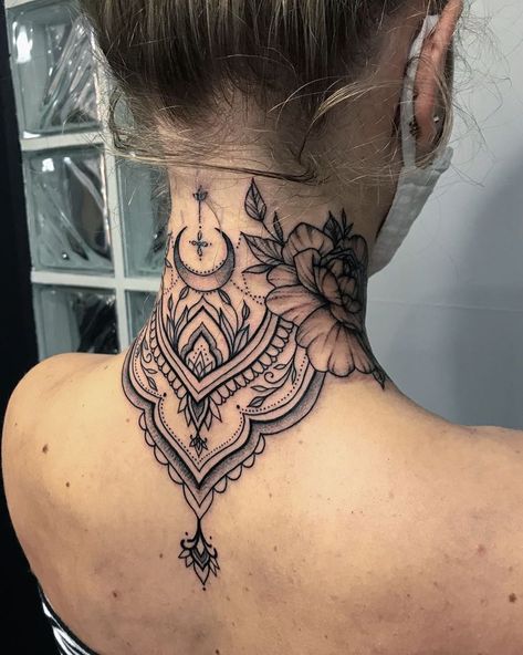 Epileptic Tattoo, Back Leg Tattoo, Back Neck Tattoo, Nape Tattoo, Ornamental Mandala, Mandala Tattoos, Throat Tattoo, Neck Tattoos Women, Back Of Neck Tattoo