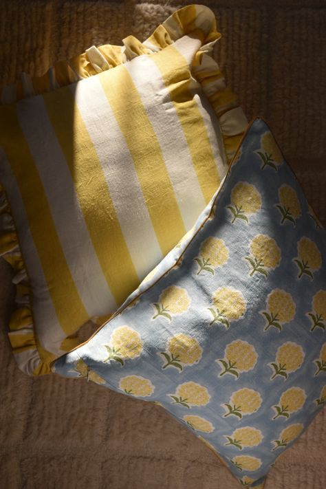 This item is a preorder: Pillows are expected to arrive mid August. Transform your living space with our vibrant Augusta Yellow Striped Pillow. Expertly handcrafted with beautiful block print designs, this pillow is a unique and colorful addition to any room. Elevate your home decor with our stunning and one-of-a-kind pillow. Hand block printed by artisans in India 100% Linen Size: 18"x 18", 20" x 20" Care Instructions: Due to the handmade natural of these quilts and the fact that the dyes are m Unique Pillows Society6, Blue And Yellow Pillows, Block Print Cushions, Freshman Dorm, Ruffle Pillow, Yellow Bedding, Block Printed Pillows, Yellow Pillows, Unique Pillows