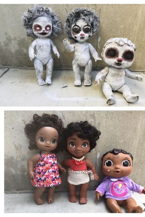 Make Dolls Creepy, Zombie Porcelain Dolls Diy, Haunted Toys Halloween, Halloween Decorations Dolls, Diy Halloween Doll Decorations, Zombie Dolls Diy Halloween Decorations, Thrift Flip Halloween Decor, Painting Dolls For Halloween, Making Creepy Dolls