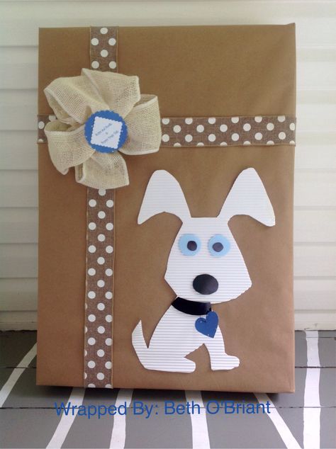 "What are Little Boys Made Of" Baby Shower Gift Wrapping for a large box. Dog cut from White Corrugated Cardboard roll. Dog Gift Wrapping Ideas, Baby Boy Gift Wrapping Ideas, Cute Ways To Wrap Baby Shower Gifts, Baby Shower Gift Wrapping Ideas, Baby Shower Gift Wrapping, Best Baby Shower Favors, Baby Gift Wrapping, Baby Shower Wrapping, Gifts Wrapping