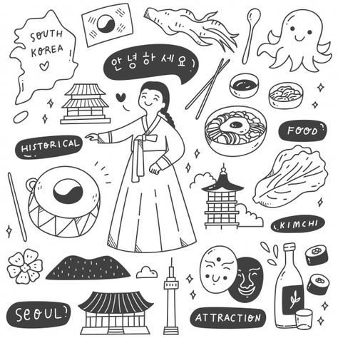 South korea travel destination doodle se... | Premium Vector #Freepik #vector #flower #food #city #building Travel Doodles, Flag Drawing, Korean Flag, Easy Doodles, South Korea Travel, Korea Travel, Book Drawing, Korean Art, Bullet Journal Ideas Pages