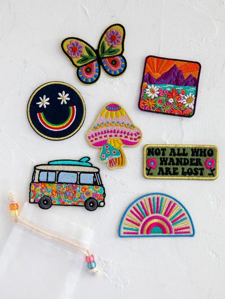 Cute Embroidery Patches, Backpack With Patches And Pins, Backpack With Patches, Patches For Backpacks, Boho Socks, Patches For Jeans, Embroidery Stickers, Patch Bag, Happy Hat