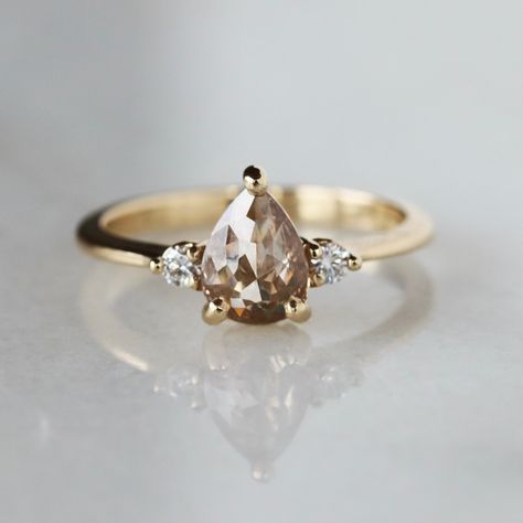 Champagne Pear Engagement Ring, Yellow Gold Pear-shaped Three Stone Jewelry, Pear Champagne Diamond Ring, Champagne Diamond Solitaire Engagement Ring, Champagne Colored Diamond Rings, Champagne Engagement Rings, Small Engagement Rings, Champagne Diamond Rings, Pear Ring