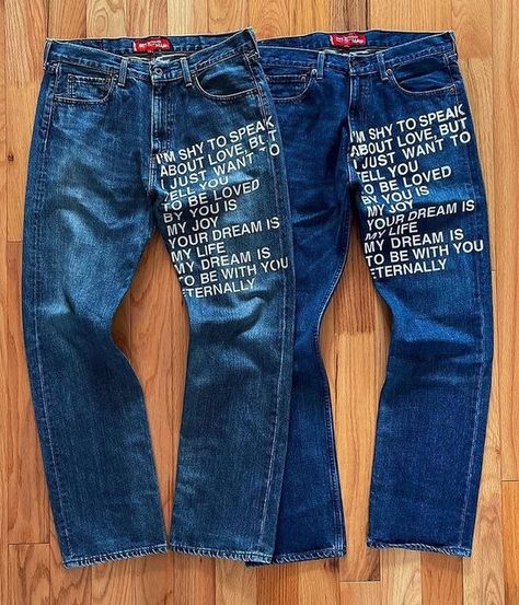 Words On Pants, Words On Jeans, Crazy Pieces, Denim Jeans Men, Junya Watanabe, Pants Design, Printed Denim, Denim Design, Branding Inspiration