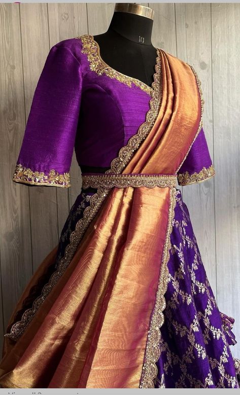 South Lehenga, Lehenga Designs Traditional, Purple Half Saree, Simple Half Saree, Half Saree Designs Simple, Pattu Lehenga Half Saree, Traditional Half Saree Designs, Pattu Half Saree, Pink Half Sarees