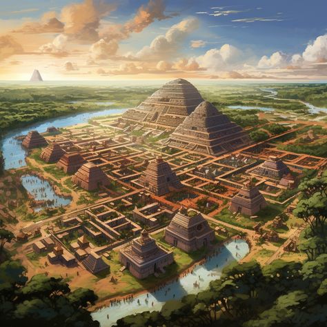 Mayan City Concept Art, Aztec City Concept Art, Mayan Fantasy Art, Aztec Temple Concept Art, Mayan Concept Art, Jungle Civilization, Maya Architecture, Mesoamerican Architecture, Aztec Architecture