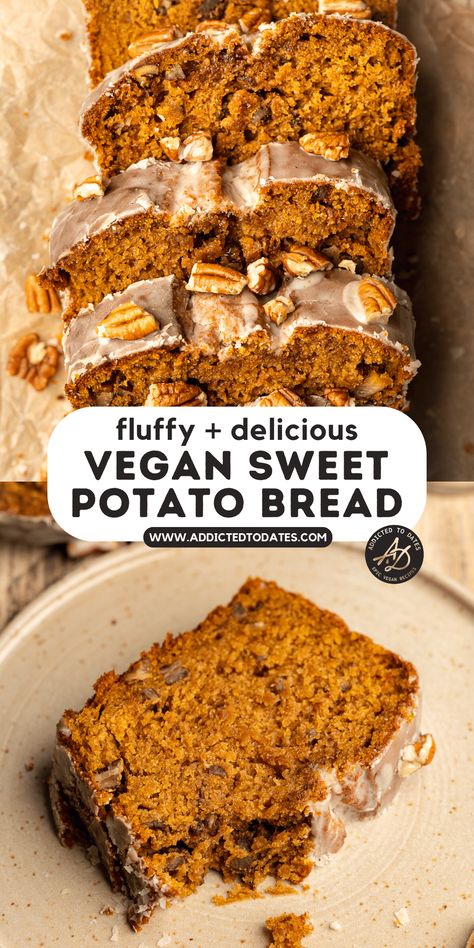 Vegan Sweet Potato Bread - Addicted to Dates Vegan Fall Bread, Sweet Potato Cake Vegan, Vegan Breakfast Loaf, Vegan Sweet Potato Pound Cake, Sweet Potato Bread Vegan, Vegan Sweet Bread Recipes, Vegan Sweet Potato Recipes Dinners, Sweet Potato Oatmeal Bars, Vegan Sweet Potato Dessert