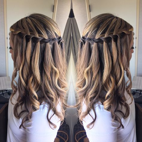 Water fall braid Waterfall Braid Bridesmaid, Fake Waterfall Braid, Wavy Hair With Braid, Waterfall Braid Hairstyle, Waterfall Hairstyle, Communion Hairstyles, Hoco Hairstyles, Extensions Hair, Water Fall