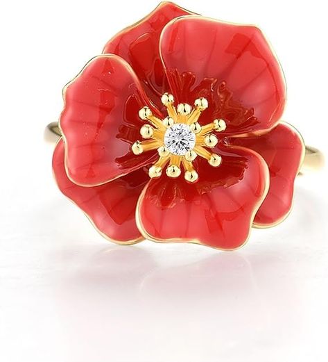 Amazon.com: Santuzza Peony Ring 925 Sterling Silver White Cubic Zirconia Enamel Red Flower Statement Ring for Women (7): Clothing, Shoes & Jewelry Peony Ring, Enamel Flower, Red Flower, Silver Enamel, Flower Ring, Ring For Women, Statement Ring, Red Flowers, Wedding Guest