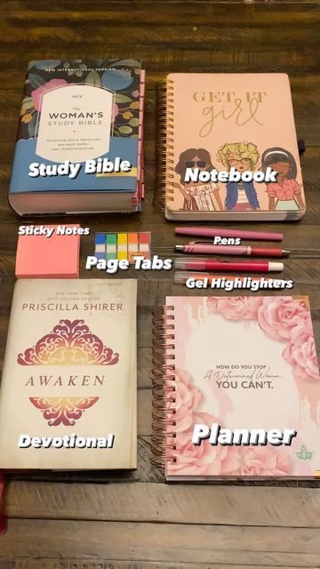 Bible Bag Essentials, Bible Study Bag Ideas, Bible Study Basket Ideas, Bible Study Hosting Ideas, Bible Must Haves, Bible Study Necessities, Bible Plans For Women Study Guides, Bible Study Desk Setup, How To Start Reading The Bible For Women