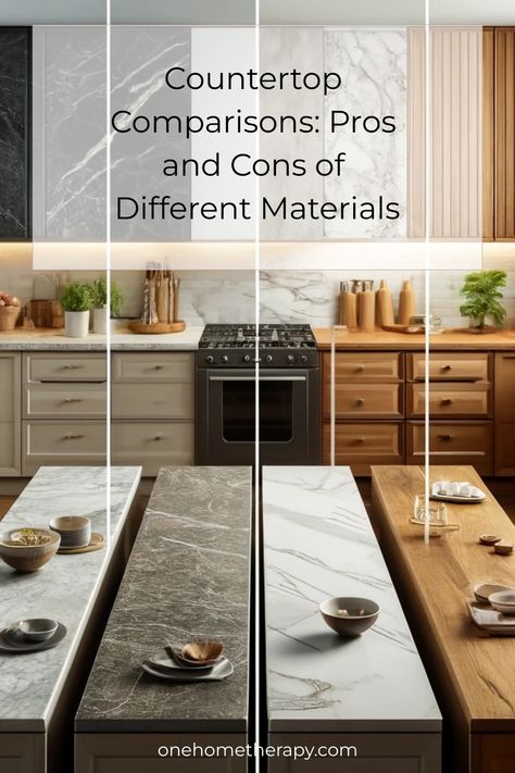 Uncover everything you need to know about countertop materials in our comprehensive guide! Whether you prefer the classic sophistication of granite or the contemporary charm of quartz, we break down the advantages and disadvantages of each option. Make a well-informed choice for your kitchen or bathroom remodel with valuable insights from our guide. Wood And Stone Countertop, Different Kinds Of Kitchen Countertops, Modern Stone Kitchen Design, Kitchen Tops Counter Quartz, Kitchen Ideas With Quartz Countertops, Different Color Countertops On Island, Two Different Countertops In One Kitchen, Kitchen Remodel With Dark Countertops, Paper Composite Countertops