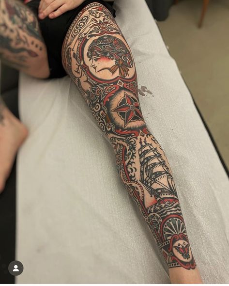 Traditional Tattoo Leg Sleeve, Old School Traditional Tattoo, Old School Traditional, Old School Ink, Traditional Black Tattoo, Left Arm Tattoos, Vintage Tattoo Art, Framed Tattoo, Traditional Sleeve