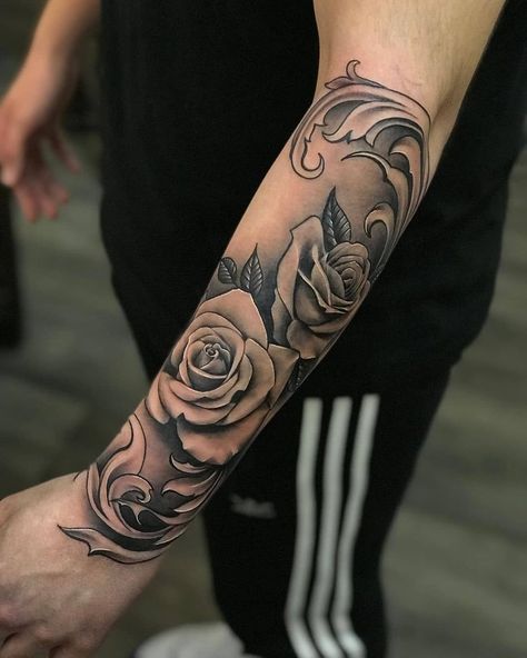 Elbow Rose Tattoo Men, Both Arms Tattoo Sleeve, Rose Tattoo Men Forearm Half Sleeves, Forearm Rose Tattoo For Men, Rose Sleeve Tattoo For Men, Tatoos Color, Best Forearm Tattoos For Men, Tato Jam, Best Forearm Tattoos