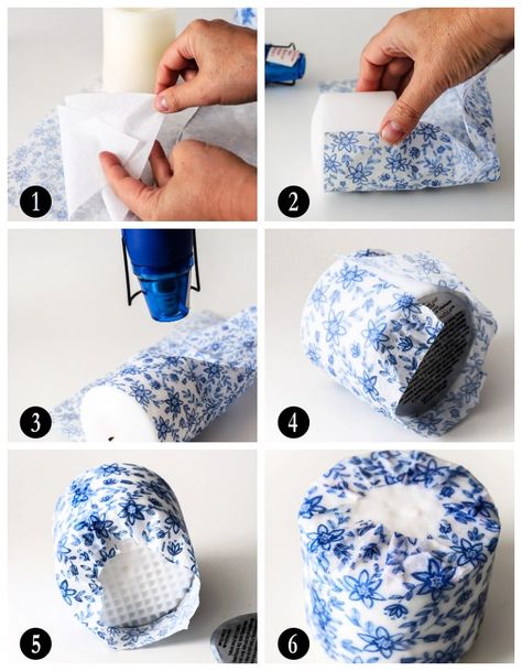 steps to decoupage a candle with heat Decoupage Candles Diy, Decoupage Candles Paper Napkins, Napkin Candle Decoupage, Decopage Candle, Napkin Candles, Decoupage Candle Holder, Tissue Paper Candles, Candle Decoupage, Candle Makeover