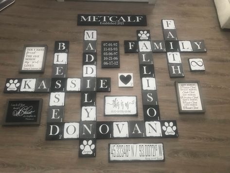 Large scrabble tiles wall, multicolored scrabble letters, wood letters, wood tiles, family, black, gray, white, distressed, crossword wall by DesignsByGriffis on Etsy Crossword Wall Decor, Letter Tiles For Wall, Scrabble Wall Family Names, Scrabble Letter Wall Decor, Family Name Scrabble Wall Art Living Room, Scrabble Name Wall Art, Scrabble Wall Decor, Scrabble Letter Wall Decor Family Names, Home Family Love Scrabble Tiles