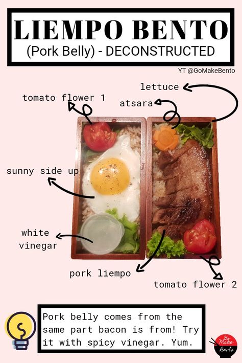 Liempo Bento - Easy Filipino Bento Lunchbox Ideas by Go Make Bento Filipino Lunch Baon, Lunch Ideas Philippines, Filipino Bento Ideas, Filipino Lunch Box Ideas, Bento Easy, Baguio Outfit, Pack Lunch Ideas, Bento Box Lunch For Adults, Lunch Box Meal Prep