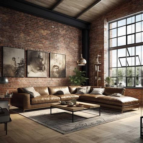 Mens Living Room Ideas, Mens Living Room, Brick Wall Living Room, Masculine Living Rooms, Industrial Style Living Room, Industrial Living Room, Industrial Living, Industrial Livingroom, Industrial Interior Design