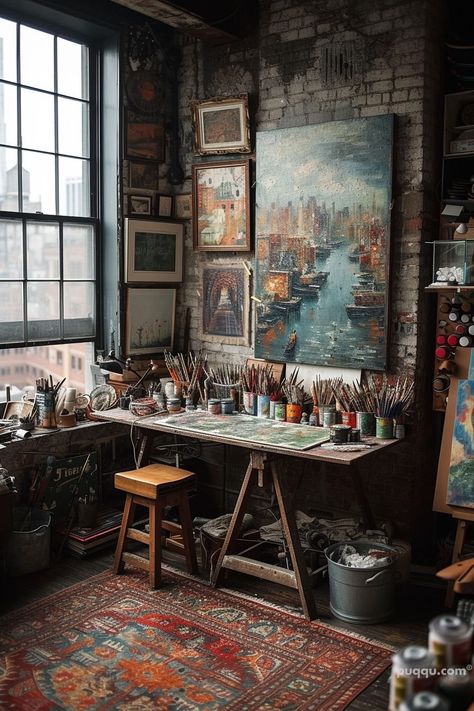 Art Studio Dark Academia, Artist Loft Aesthetic, Artist Loft Apartment Aesthetic, Dark Art Studio Aesthetic, Messy Artist Room Aesthetic, Loft Art Studio, Loft Aesthetic, Artist's Loft, Artist Loft