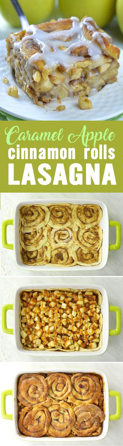 Caramel Apple Cinnamon Roll Lasagna is fun and delicious combo of classic caramel apple pie and yummy cinnamon rolls. This awesome fall treat is delicious dessert, but it is great idea for easy breakfast casserole, too. Babana Bread, Cinnamon Roll Lasagna, Yummy Cinnamon Rolls, Caramel Apple Cinnamon Rolls, Recipes Lasagna, Weight Watcher Desserts, Apple Cinnamon Rolls, Caramel Apple Pie, Breakfast Casserole Easy