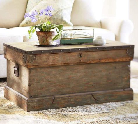 Rebecca Trunk- I love this idea to store blankets! #affiliate Old Trunks, Wood Trunk, Coffee Table Trunk, Pottery Barn Inspired, Diy Coffee Table, Diy Pottery, Plywood Furniture, Cool Ideas, Furniture Upholstery