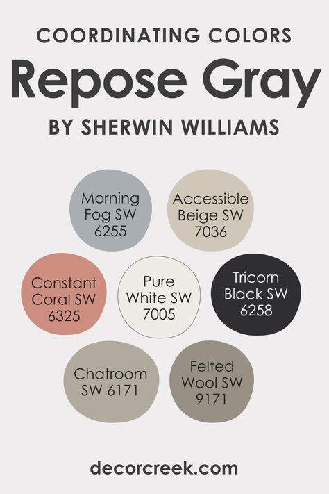 Coordinating Colors of SW 7015 Repose Gray Sw Repose Gray, Grey Bedroom Paint, Coral Kitchen, Repose Gray Sherwin Williams, Anew Gray, Worldly Gray, Sherwin Williams White, House Paint Color Combination, Stairs Makeover