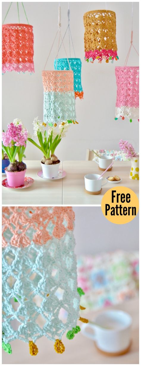 Pretty Lantern Free Crochet Pattern Crochet Lamp Shade Free Pattern, Crochet Lantern Pattern Free, Crochet Lampshade, Crochet Lamp, Crochet Wall Hangings, Confection Au Crochet, Crochet For Home, Crochet Diy, Bag Crochet