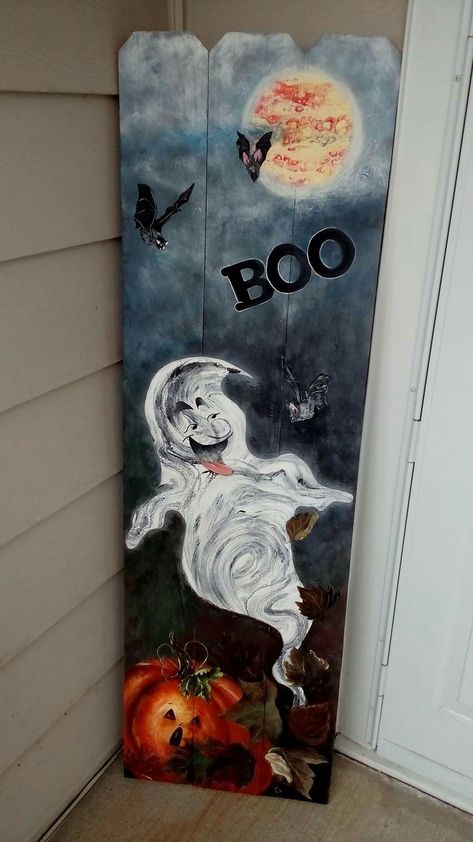 Fall Painted Pallet Ideas, Painted Halloween Signs, Halloween Painted Pallets, Halloween Painted Wood Boards, Fall Porch Leaners, Fall Canvas Painting Ideas Easy Diy, Fall Fence Board Signs, Scarecrow Painting On Wood, Door Leaners