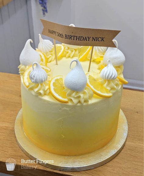 Yellow 50th Birthday Party, Lemon Meringue Cake Decoration, Lemon Meringue Birthday Cake, Lemon Cakes Decoration, Lemon Celebration Cake, Lemon Cake Decorating Ideas, Lemon Cake Designs Birthday, Cake Yellow Decoration, Lemon Birthday Cake Decoration