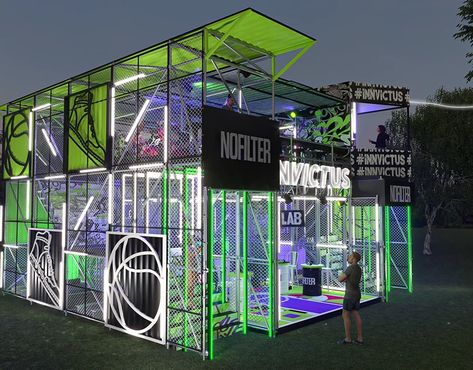 Festival Stand Design, Festival Booth Design, Festival Stage Design, Music Festival Decor, Music Festival Stage, Concert Branding, Activation Booth, Container Park, Neon Festival