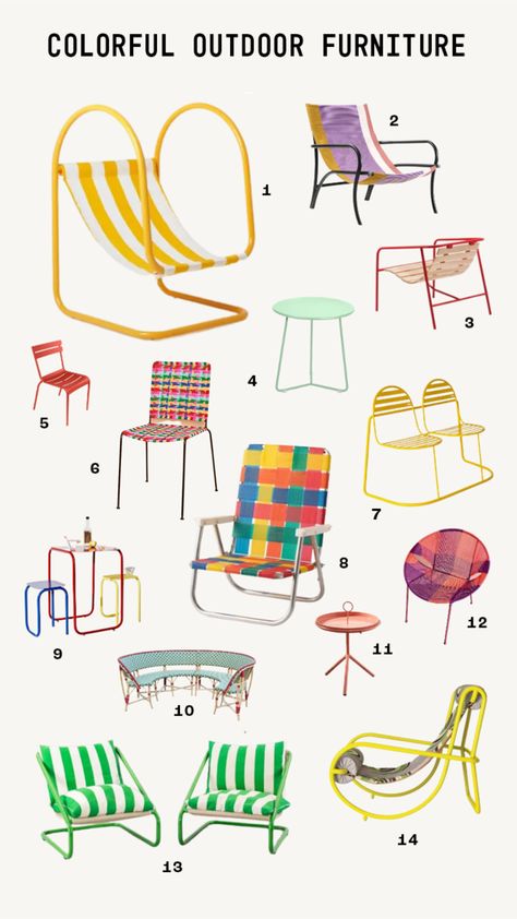 60s Outdoor Furniture, Bright Outdoor Furniture, Fun Patio Furniture, Outdoor Chair Ideas, Colourful Outdoor Furniture, Retro Outdoor Furniture, Colorful Patio Furniture, Basic Backyard, Colorful Patio Decor