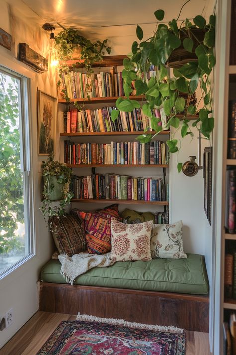 Tiny House Library. Draping fig plant over walnut floating shelves, green Moroccan floor cushions.  Welcome to a world where art, creativity, and minimalist living collide. If the word 'boho' makes your heart flutter and the thought of tiny libraries sends your mind spiraling into a world of imaginative exploration, prepare for a captivating journey. Step into an enchanted universe of 53 innovative and awe-inspiring…  Read more: https://tastyinteriors.com/generated-post-53-boho-tiny-house-library-ideas/ Boho Style Bookshelf, Nature Library Aesthetic, Hygge Library Room, Book Nook Office Ideas, Homemade Library Bookshelves, Cozy Small Library Room, Mini Home Library Small Spaces, Tiny Reading Room Ideas, Tiny House Bookshelves