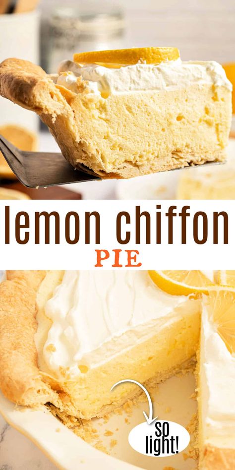 Lemon Chiffon Pie is cool and creamy, with the perfect balance of sweet-tart flavors. Bright, citrusy, and oh-so-silky, this classic pie recipe is sure to be a hit! Duncan Hines Lemon Chiffon Pie, Cheat Lemon Pie Dylan Hollis, Lemon Silk Pie, Lemon Chiffon Pie Recipe, Pineapple Chiffon Pie, Sheriff Lemon Pie Filling Recipes, Lemon Pie Filling Desserts, Peach Chiffon Pie, Lemon Pie Filling Recipes