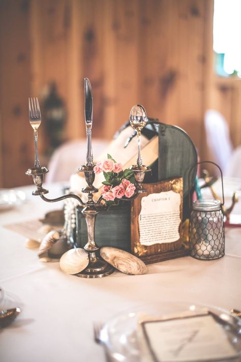 Little Mermaid Centerpiece- Fairytale Wedding ( jonathanterhaarphotography) Fairytale Wedding Centerpieces, Pirate Wedding Theme, Mermaid Fairytale, Little Mermaid Centerpieces, Mermaid Centerpiece, Disney Centerpieces, Disney Wedding Centerpieces, Little Mermaid Wedding, Sleeping Beauty Wedding