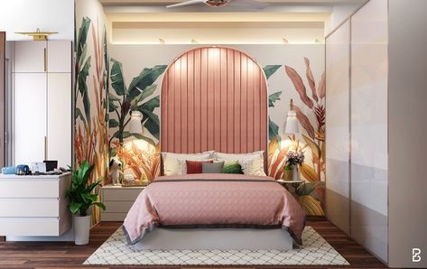 A fun bohemian kid's bedroom that is both mature and vibrant at the same time. Floral printed wallpaper is used on the accent wall behind the bed and the headboard extends up to the ceiling in a salmon pink tufted arch. #Bonitodesigns #interiordesigns #designstudio #girlsroomdesigns #girlsroomideas #pink #Salmonpink #tuffedbed #carpet #Teensroom #floralwallpaper #Dresser #social #pin #pinterest #pinteriors #pinteriors #WFH #workfromhome #live #breathe #design #pinit #designerhomes #bonitohomes Salmon Pink Room, Tuffed Bed, Salmon Bedroom, Bonito Designs, Printed Wallpaper, Kid's Bedroom, Pink Bedroom, Pink Room, Interior Design Companies