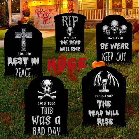 PRICES MAY VARY. Halloween Decorations OurdoorPackage:You'll get a set of 10pc Scary Halloween tombstones for outdoor use, can be DIY 25.6 x 16.5 inches 5pcs extra large tombstones yard signs, along with 10pcs metal stakes, 10 plastic stakes,5pcs sticker and 1pc pen Black Tombstones Outdoor Design:The black material make the tombstone like black marble headstone as real, so this Halloween season, you will have special garden decorations Waterproof Material :Large gravestones Halloween yard signs Plywood Headstones Halloween, Gravestones Diy, Diy Gravestone Halloween, Outdoor Halloween Decor, Graveyard Halloween Yard, Halloween Headstone, Wooden Halloween Signs, Headstones Decorations, Halloween Gravestones