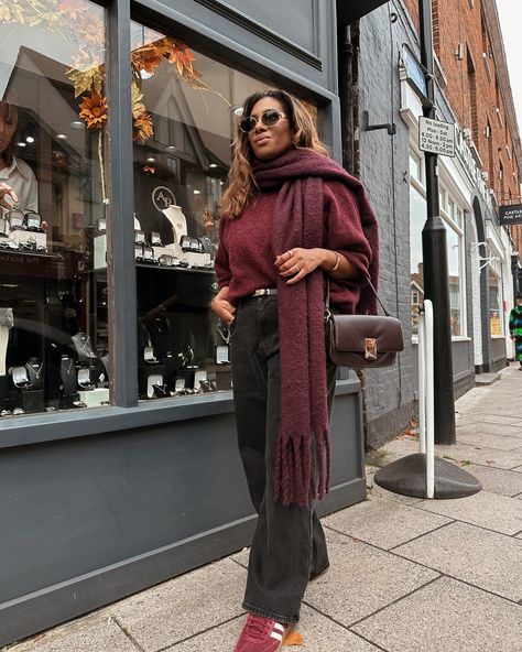 Give me burgundy everything 🍒 #burgundy ASOS Burgundy top @asos @andotherstories Baggy jeans @abercrombie Trainers @adidas Bag @marksandspencerstyle Scarf @nakdfashion sunglasses @celine Comment SHOP below to receive a DM with the link to shop this post on my LTK ⬇ https://liketk.it/4VYLc #ltkuk #ltkeurope #ltkautumn #burgundy #petitestyle #petitefashion #petiteblogger #burgundyadidas #abercrombie #abercrombieandfitch #abercrombiestyle #mymarks Burgundy Scarf Outfit, Burgundy Bag Outfit, Adidas Bag, Camel Outfit, Petite Bloggers, Sunglasses Celine, Trainers Adidas, Burgundy Scarf, Burgundy Bag