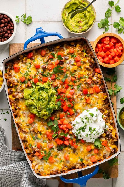 This delicious Taco Casserole is a twist on classic tacos in casserole form! This easy dinner idea features tender ground beef, veggies, spices, and lots of cheese baked into a tasty meal the whole family will love. Classic Tacos, Chile Relleno Casserole Recipe, Taco Casserole Bake, Healthy Little Peach, Easy Taco Casserole, Recipe With Ground Beef, Homemade Taco Seasoning Mix, Taco Seasoning Recipe, Soup With Ground Beef