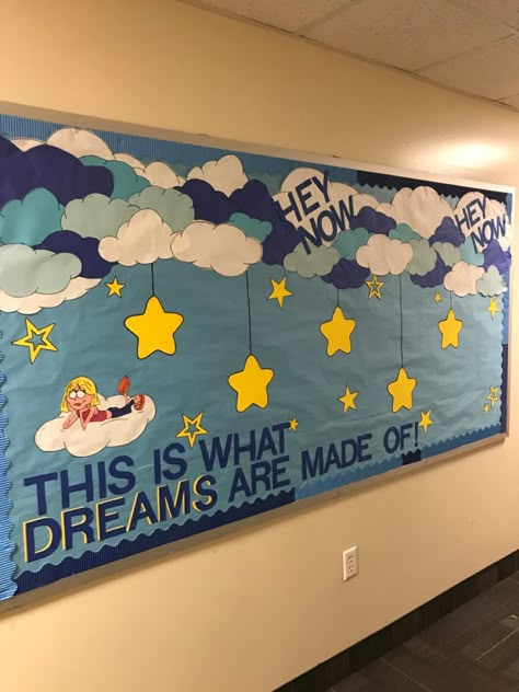 Nap Room Bulletin Board, Lizzie Mcguire Bulletin Board, Lizzie Mcguire Classroom, Cloud Bulletin Board Ideas, Cloud Theme Bulletin Board, Class Information Bulletin Board, Class Information Board, Magical Bulletin Board Ideas, Sky Theme Classroom Decorations