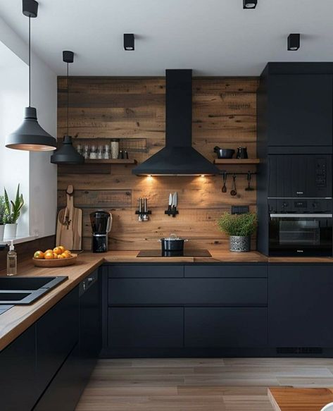 Navy Blue Kitchen Cabinets, Kitchen Shelf Decor, Black Kitchen Cabinets, Farmhouse Kitchen Design, Wood Countertops, Stylish Kitchen, Black Kitchens, Wood Kitchen, Kitchen Style