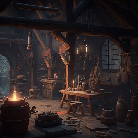 Armoury Room Fantasy Art, Magic Workshop Fantasy Art, Fantasy Armoury Room, Workshop Fantasy Art, Fantasy Workshop Concept Art, Fantasy Infirmary, Fantasy Forge Concept Art, Medieval School, Medieval Workshop