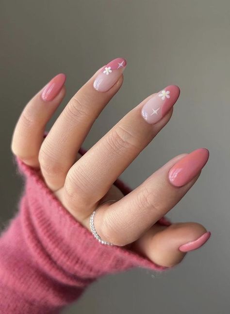 Pink Flower Nails, Pink White Nails, Fake Nails White, Easy Nails, Daisy Nails, Blue Nail, Round Nails, Spring Nail Art, Nailed It