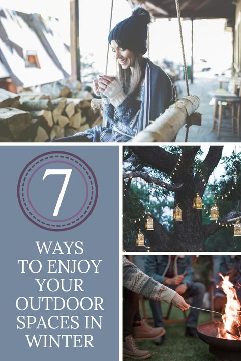 Making the best use of your yard and garden year round, is not only good for you physically, but mentally and emotionally. Here are 7 ways to enjoy your outdoor spaces in winter. Cold Weather Backyard Ideas, Backyard Winter Ideas, Winter Yard Ideas, Winter Patio Decor, Winter Backyard, Winter Patio, Winter Outdoor Party Backyards, Winter Patio Ideas Cold Weather, Winter Backyard Ideas