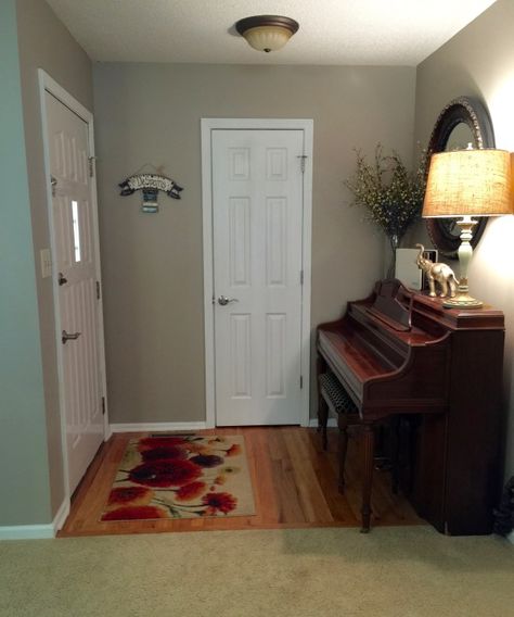 Piano right in the foyer! Upright Piano Entryway, Piano In Foyer, Piano Room Decor, Upright Piano, Piano Room, Small Entryway, Entrance Hall, Tall Cabinet Storage, House Tours