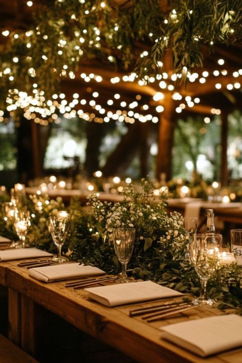 Elven Wedding Reception, Woodsy Wedding Inspiration, Wedding Themes Nature, Woodland Fairy Wedding Ceremony Decor, Forest Wedding California, Woodsy Whimsical Wedding, Twilight Forest Wedding, Forest Reception Wedding, Fairy Wedding Theme Enchanted Forest Table Settings