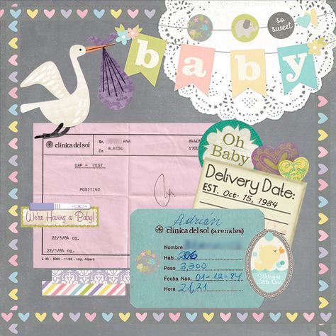 Newborn Scrapbook Ideas, Baby Scrap Booking Idea, Scrap Book For New Born Baby, Scrapbook Baby Book Ideas, Birth Announcement Scrapbook Page Layout, Pregnancy Scrapbook, First Trimester Scrapbook Page, Baby Boy Scrapbook Layouts, Baby Scrapbook Album