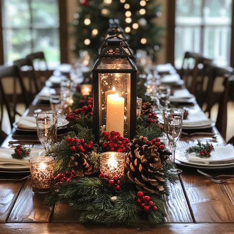 21 Easy DIY Holiday Centerpiece Decor Ideas to Elevate Your Festive Table | Christmas Wedding Table Decor, Rustic Lantern Centerpieces, Holiday Centerpieces Diy, Christmas Wedding Table, Pinecone Centerpiece, Farmhouse Basket, Wine Bottle Centerpieces, Diy Christmas Table, Holiday Lanterns