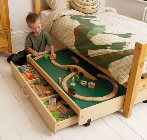 under bed train table Storage Children, Toy Storage Solutions, Storage Table, Lego Storage, Play Table, Table Diy, Boy Bedroom, Big Boy Room, Boys Bedrooms