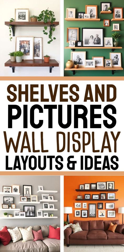 Shelves and pictures wall display ideas and family photo wall layouts for over the couch in your living room, a corner or any accent wall area. Corner Shelves For Pictures, Family Photo Wall Layout Ideas, Wall Decor Arrangements Layout, Ways To Display Photos On Wall, Wedding Picture Wall Ideas, Shelves And Pictures Wall, How To Decorate With Family Photos, How To Hang Family Photos On Wall, Family Photo Arrangements On Wall