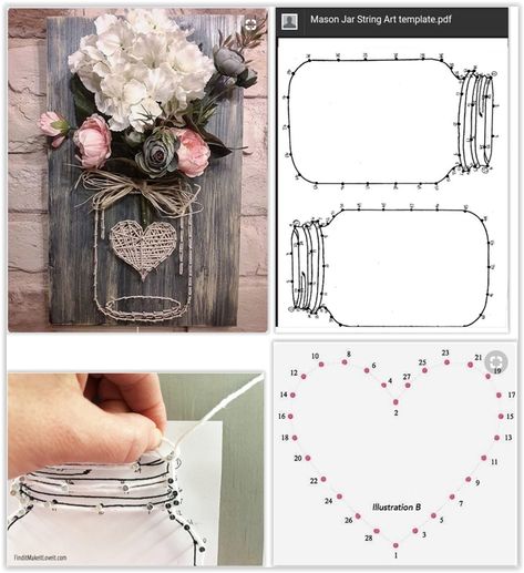 Mason Jar String Art With Flowers, Raffia & A Heart ... using twine, string, yarn or embroidery thread to create a mason jar sign. Drill the holes first, then hammer in the nails for straight, even lines ...................................... #DIY #masonjar #mason #jar #stringart #sign #template #flowers #raffia #nails #string #twine #yarn #embroiderythread #decor #crafts فن الرسم بالمسامير, Raffia Crafts, Mason Jar String Art, Nail String, String Art Templates, Nail String Art, String Art Patterns, String Art Diy, Craft Night